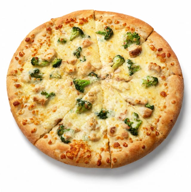 Chicken Broccoli Alfredo Pizza.