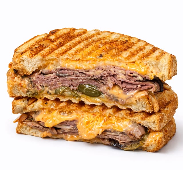 210. Roast Beef & 3-Cheese Panini.